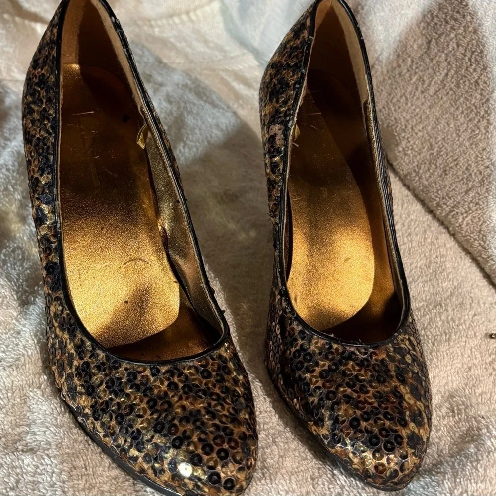 Chic Brown and Black Wedge Heels with Sequined Glamour